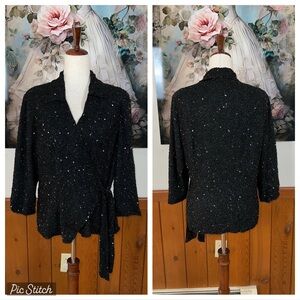 Beautiful J Kara Black Silk Beaded Wrap Blouse!